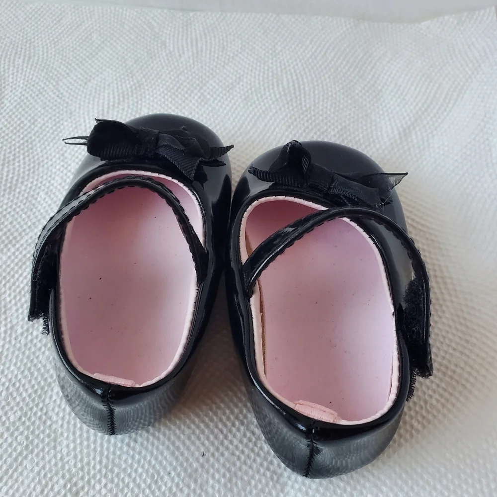 Black Patent Skimmer Soft Sole Crawling Shoe with Bow and Hook and Loop (Velcro)